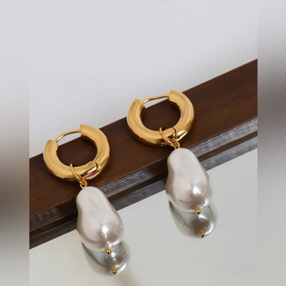 Gold Pearl Drop Earrings - Picture 3 of 8